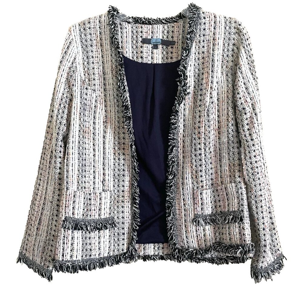 Anthropologie Eva Franco Reston Tweed Blazer Jacket Small Fringe Trim Open Front - Picture 3 of 13